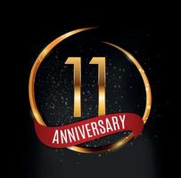 Plantilla de logotipo dorado aniversario de 11 años con cinta roja ilustración vectorial vector