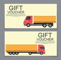 Gift Voucher Template with machines for cargo transportation in the background. Vector Illustration.