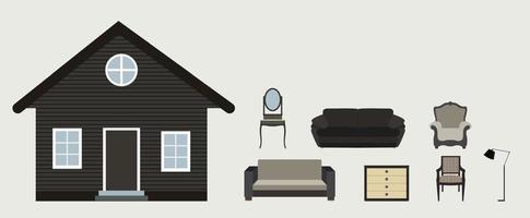 The house is furnished with furniture. Modern Flat style Vector Illustration.