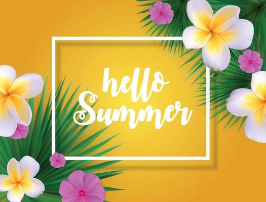 Hello Summer Natural Floral Background with Frame Vector Illustration