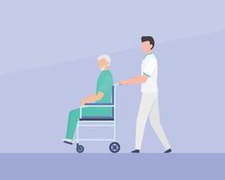 nurse walk with patients disability with wheelchair with simple flat style vector