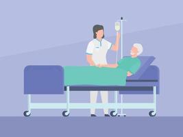 La enfermera revisa a los pacientes infundir con un anciano acostado en la cama con un estilo plano simple vector