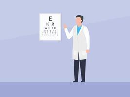 El médico de oftalmología verifica la condición de los ojos humanos con el número de tablero del alfabeto con un estilo plano simple vector