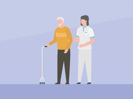 nurse assistant help old man or elder to walk with simple flat concept vector