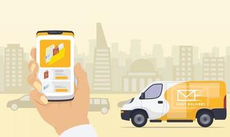 Servicios de entrega de documentos con aplicaciones de seguimiento de teléfonos inteligentes y camiones con fondo de silueta de la ciudad