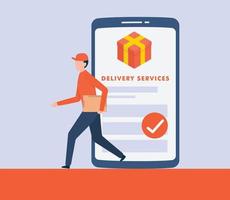 fast document delivery services with app smartphone with run courier vector