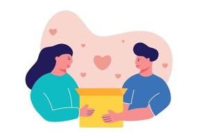 pareja enamorarse regala algo en caja con estilo moderno y plano vector