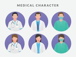 Colección de conjunto de caracteres médicos con enfermero médico hombre y mujer con estilo plano vector