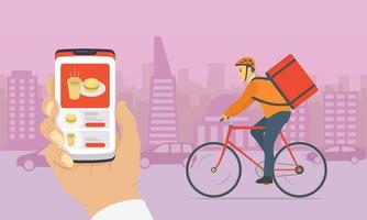 files document delivery courier with smartphone apps for delivery services with city background - vector