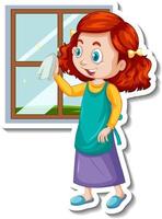 Housekeeper girl cleaning window cartoon character sticker vector