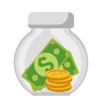 glass bottle with paper money golden coin vector