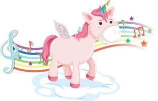lindo unicornio de pie en la nube con símbolos de melodía en arco iris vector