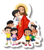 Jesucristo con el grupo de niños pegatina sobre fondo blanco. vector