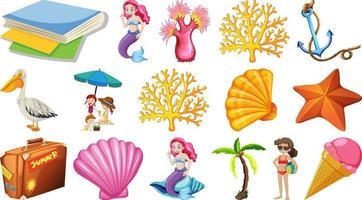 Set of summer beach objects and cartoon characters vector