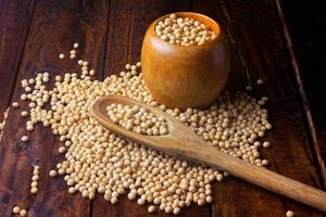 raw and fresh soy beans inside wooden bowl on rustic wooden table. Closeup