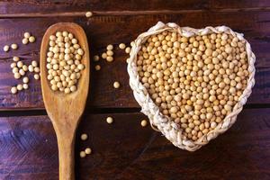 raw and fresh soy beans inside basket with heart shape on rustic wooden table. Closeup