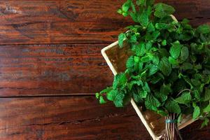 Group of green organic fresh mint in basket over rustic wooden desk. Aromatic peppermint with medicinal and culinary uses photo