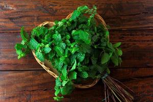 Group of green organic fresh mint in basket over rustic wooden desk. Aromatic peppermint with medicinal and culinary uses photo