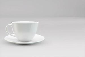 tazas de taza de café o té en blanco realistas con asa. taza de porcelana para maqueta de plantilla de té o café aislada. Taza de té realista para el desayuno, ilustración 3d foto