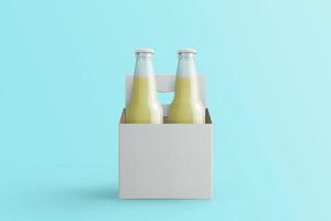 Two assorted soda bottles, non-alcoholic drinks with white paper box isolated on toscha background.3d rendering. fit for your design project. photo