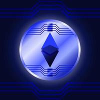 The ethereum currency shines brightly against a blue graphic background. Digital trading, investment, and business design vector