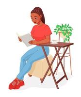 Young African American woman reading an interesting book while resting with cup of coffee. Cartoon vector illustration isolated on white background.