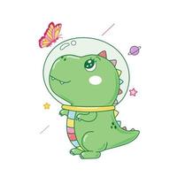 cute Dinosaur looking at butterfly on galaxy cartoon. vector