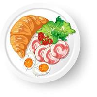 Breakfast croissant with meat and boiled egg on white plate vector