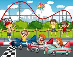 Outdoor scene with children racing car vector