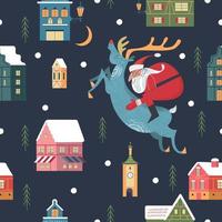 Seamless Christmas pattern. Santa Claus riding a deer.