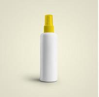 3D rendering blank white cosmetic plastic spray bottle with yellow cap isolated on grey background. fit for your mockup design. photo