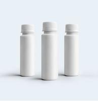 Representación 3D botella de polvo cosmético blanco en blanco con tapa de plástico aislado sobre fondo gris. apto para el diseño de su maqueta.