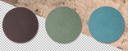 Set colored Round woven straw mats isolated against transparent background. photo