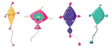 conjunto de cometas de dibujos animados con caras divertidas. lindos juguetes voladores de viento dibujados a mano de diferentes colores. elementos para el festival de cometas. makar sankranti. ilustración vectorial plana. vector