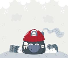 linda casa de invierno dibujada a mano cubierta de nieve. pequeña cabaña de pueblo y árboles nevados. tarjeta de navidad, pancarta, póster. Ilustración de vector plano de invierno.