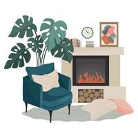 The interior of the living room in Scandinavian style. The boho palette. Armchair, fireplace, indoor flower. Vector.