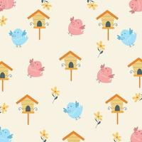 Cute birds and spring flowers vector