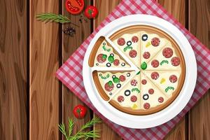 Pizza de queso salami en mesa de madera