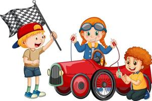 Children repairing a car together vector