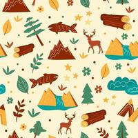 Seamless pattern with trees and mountains. Hand drawn vector