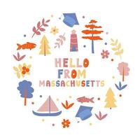 USA collection. Hello from Massachusetts theme. State Symbols vector