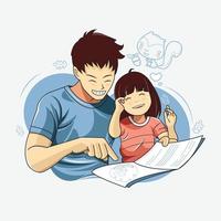 A loving father read storybook with his adorable daughter vector illustration free download