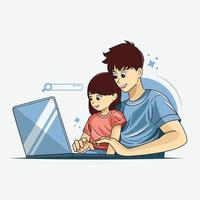 A loving father uses a laptop at home with his adorable daughter vector illustration free download