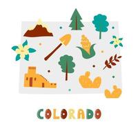 USA map collection. State symbols on gray state silhouette - Colorado vector