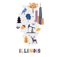 USA map collection. State symbols on gray state silhouette - Illinois vector