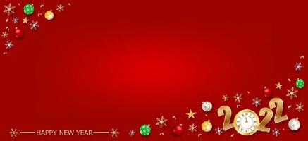 Banner Happy new year 2022 gold clock on red colors place for text with snow flex of vector illustration.