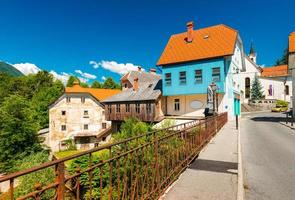 View of the Capuchin Bridge Kamniti most in the small Slovenian town of Skofja Loka, Slovenia. photo