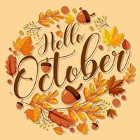 Hello October with ornate of autumn leaves frame vector