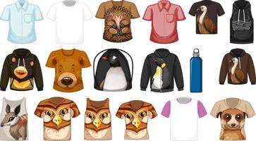 conjunto de diferentes camisetas y accesorios con estampados de animales. vector