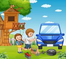 Outdoor scene with dad and daughter fixing a car together vector